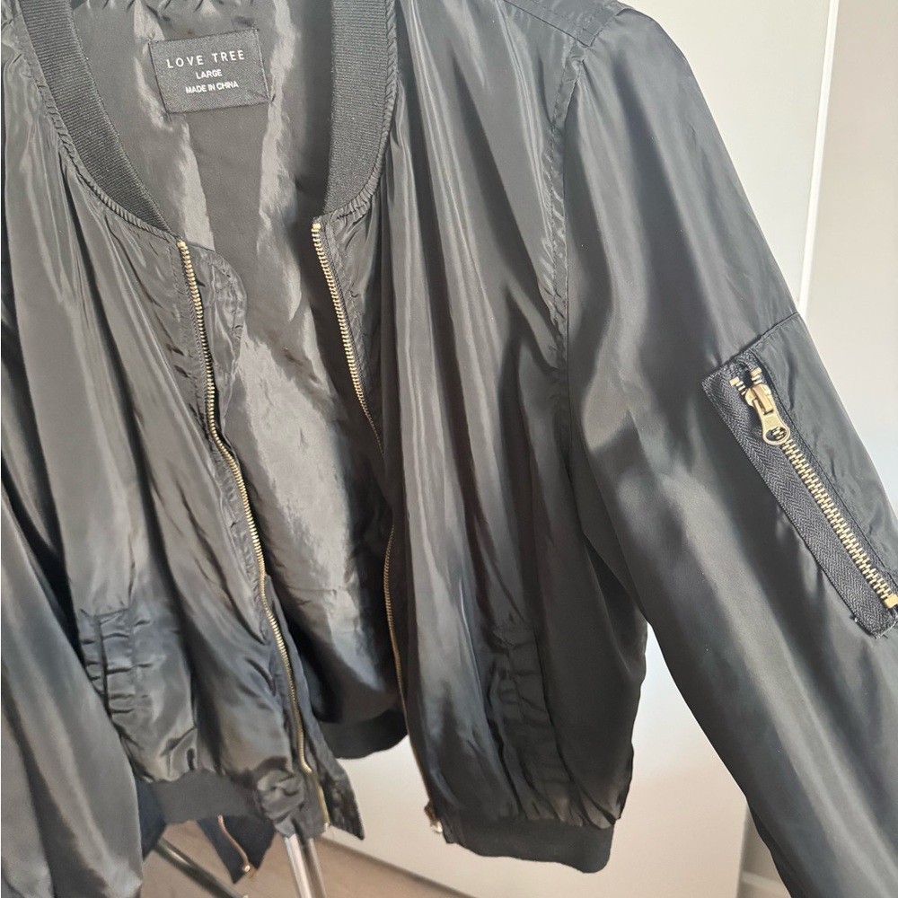 Love Tree Black Satin Bomber Jacket with Gold Zipper - Picture 2 of 3